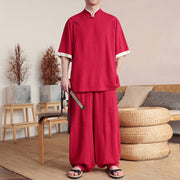 Buddha Stones 2Pcs Chinese Frog-button Men's Shirt Wide Leg Pants Meditation Cloth Set