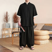 Buddha Stones 2Pcs Chinese Frog-button Men's Shirt Wide Leg Pants Meditation Cloth Set