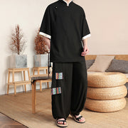 Buddha Stones 2Pcs Chinese Frog-button Men's Shirt Wide Leg Pants Meditation Cloth Set