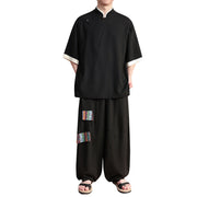 Buddha Stones 2Pcs Chinese Frog-button Men's Shirt Wide Leg Pants Meditation Cloth Set