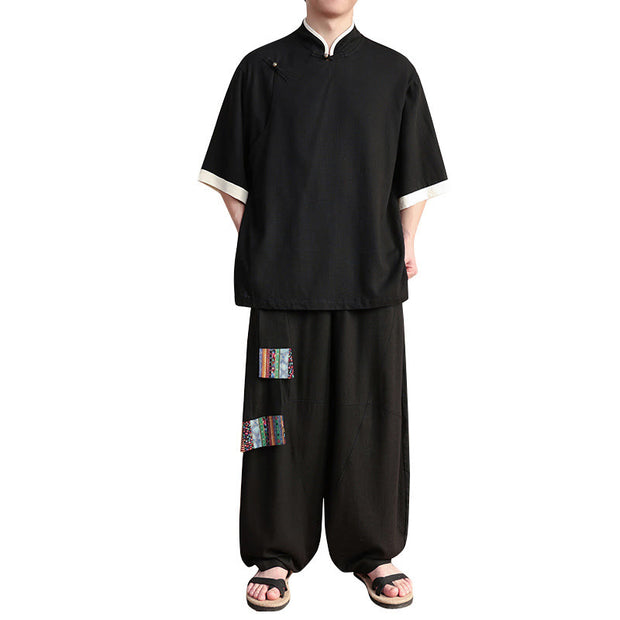 Buddha Stones 2Pcs Chinese Frog-button Men's Shirt Wide Leg Pants Meditation Cloth Set