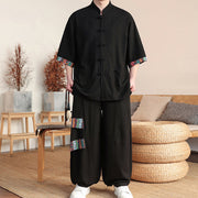 Buddha Stones 2Pcs Patchwork Chinese Frog-Button Shirt Wide Leg Pants Men's Meditation Cloth Set With Pockets