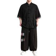 Buddha Stones 2Pcs Patchwork Chinese Frog-Button Shirt Wide Leg Pants Men's Meditation Cloth Set With Pockets