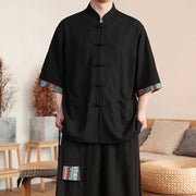 Buddha Stones 2Pcs Patchwork Chinese Frog-Button Shirt Wide Leg Pants Men's Meditation Cloth Set With Pockets