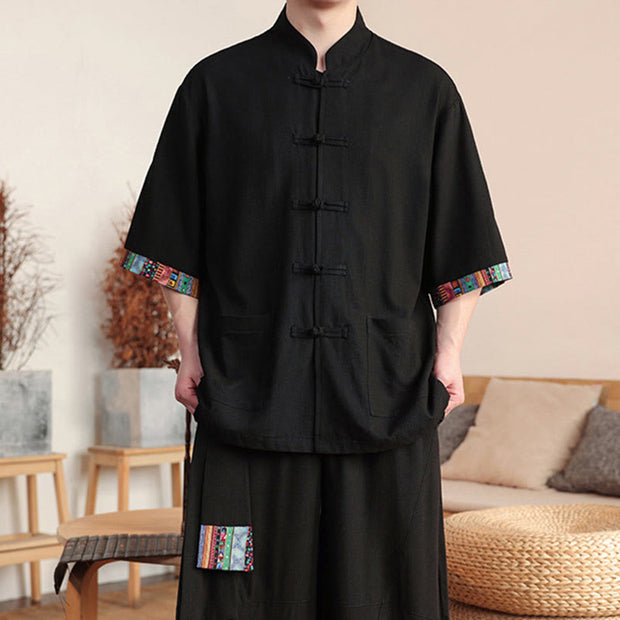 Buddha Stones 2Pcs Patchwork Chinese Frog-Button Shirt Wide Leg Pants Men's Meditation Cloth Set With Pockets