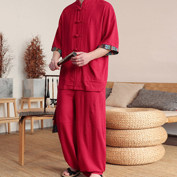 Buddha Stones 2Pcs Patchwork Chinese Frog-Button Shirt Wide Leg Pants Men's Meditation Cloth Set With Pockets