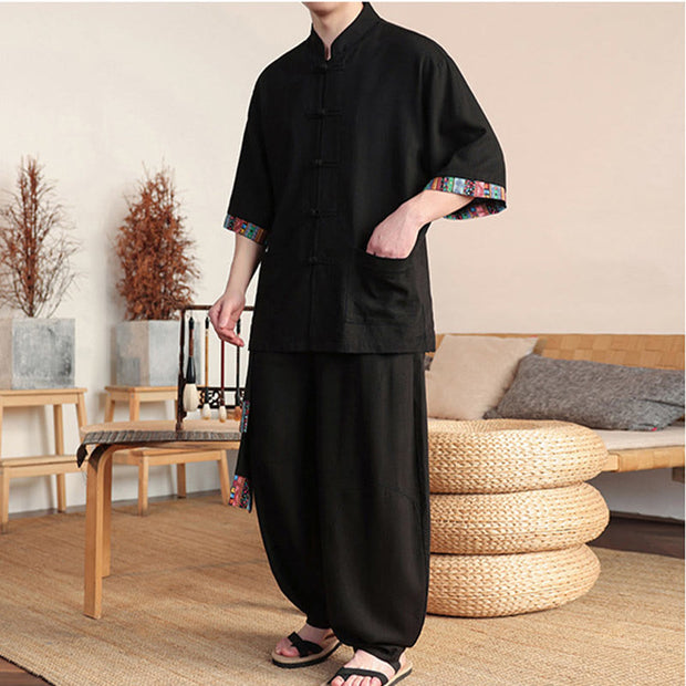 Buddha Stones 2Pcs Patchwork Chinese Frog-Button Shirt Wide Leg Pants Men's Meditation Cloth Set With Pockets