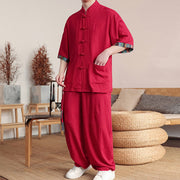 Buddha Stones 2Pcs Patchwork Chinese Frog-Button Shirt Wide Leg Pants Men's Meditation Cloth Set With Pockets