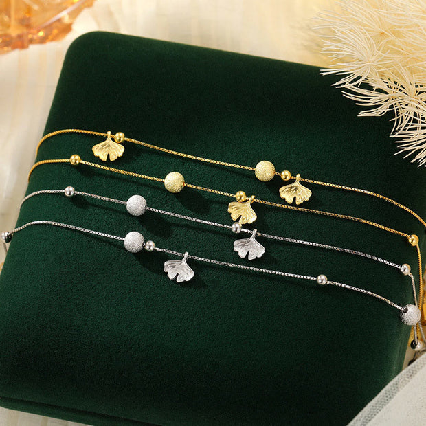 Buddha Stones 925 Sterling Silver Ginkgo Leaf Double Layer Protection Anklet