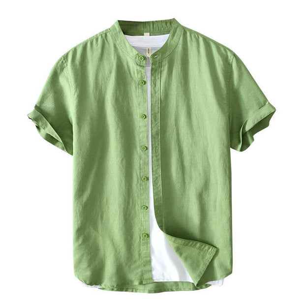 Buddha Stones Simple Style Short Sleeve Button Cotton Linen Men's Shirt