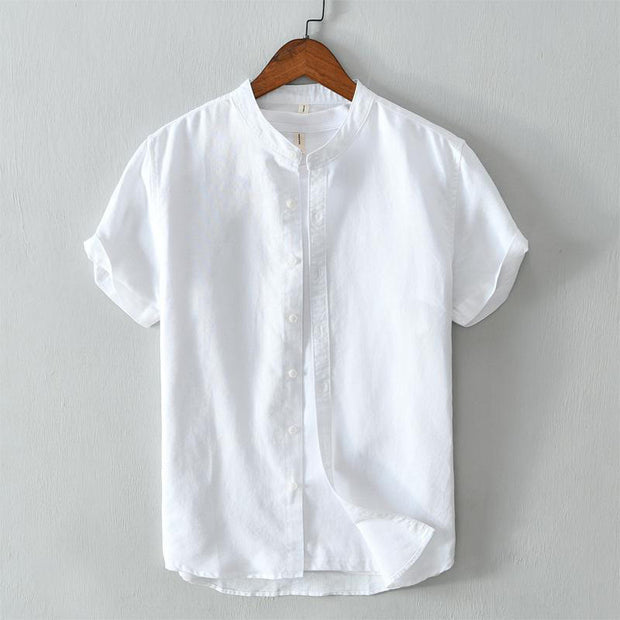 Buddha Stones Simple Style Short Sleeve Button Cotton Linen Men's Shirt