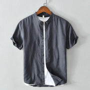 Buddha Stones Simple Style Short Sleeve Button Cotton Linen Men's Shirt