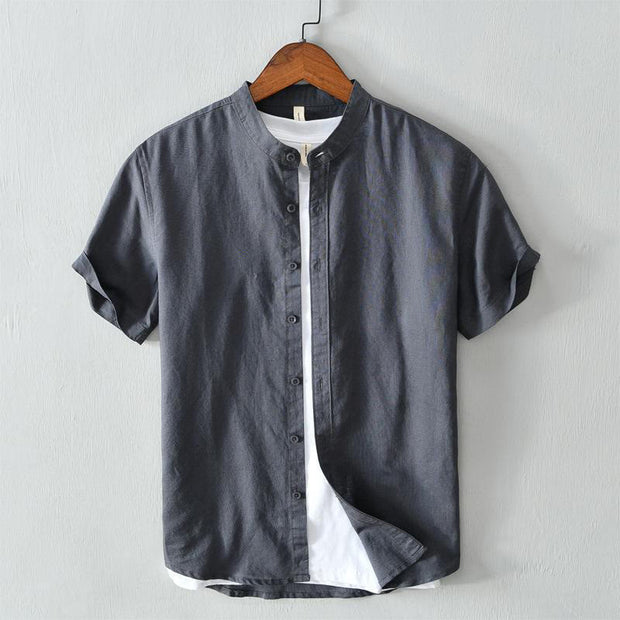 Buddha Stones Simple Style Short Sleeve Button Cotton Linen Men's Shirt