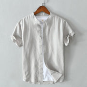 Buddha Stones Simple Style Short Sleeve Button Cotton Linen Men's Shirt