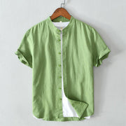 Buddha Stones Simple Style Short Sleeve Button Cotton Linen Men's Shirt