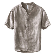 Buddha Stones Half Button Short Sleeve V-neck Ramie Cotton Men's Shirt