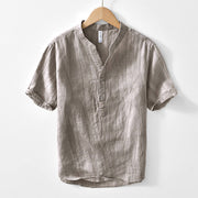 Buddha Stones Half Button Short Sleeve V-neck Ramie Cotton Men's Shirt