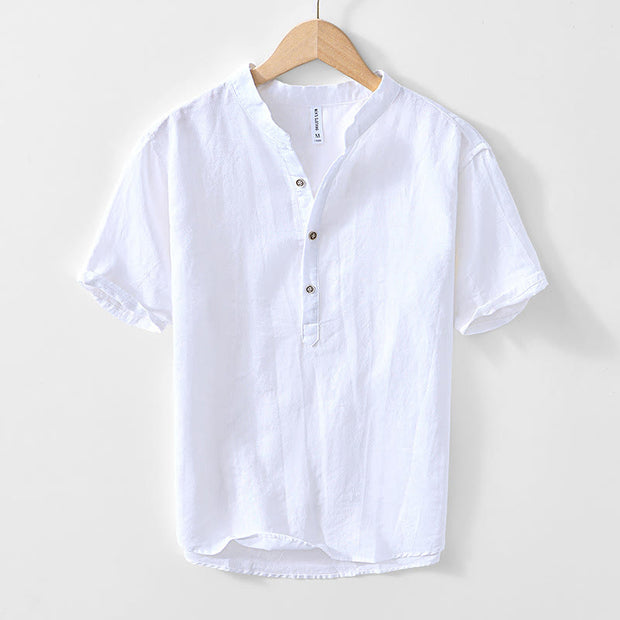 Buddha Stones Half Button Short Sleeve V-neck Ramie Cotton Men's Shirt