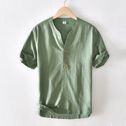 Buddha Stones Summer Stand Collar Short Sleeve Cotton Linen Half Button Men's Shirt