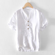 Buddha Stones Summer Stand Collar Short Sleeve Cotton Linen Half Button Men's Shirt