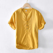 Buddha Stones Summer Stand Collar Short Sleeve Cotton Linen Half Button Men's Shirt