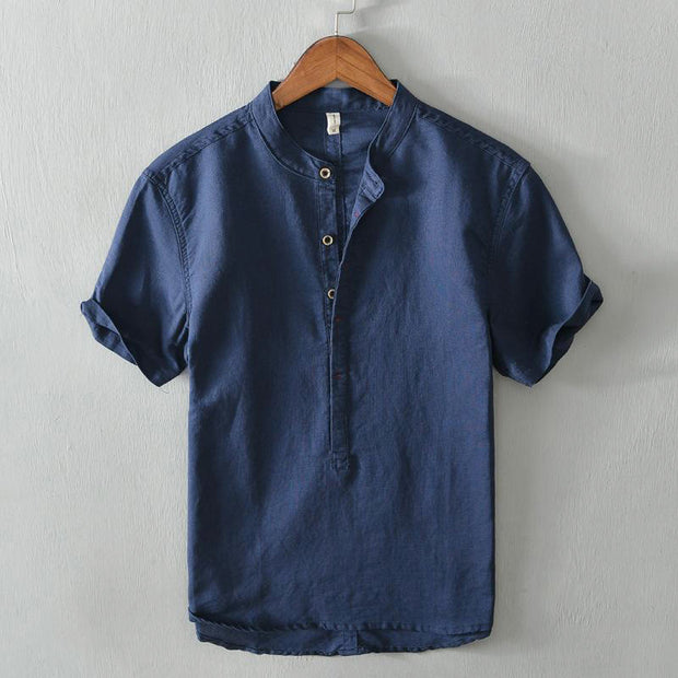 Buddha Stones Causal Simple Design Short Sleeve Cotton Linen Half Button Men's Shirt