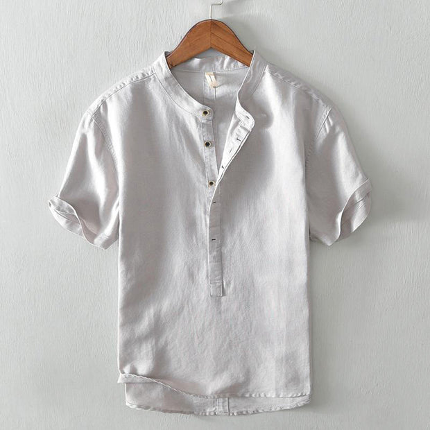 Buddha Stones Causal Simple Design Short Sleeve Cotton Linen Half Button Men's Shirt