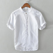 Buddha Stones Causal Simple Design Short Sleeve Cotton Linen Half Button Men's Shirt