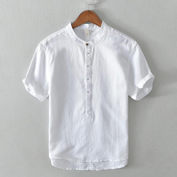 Buddha Stones Causal Simple Design Short Sleeve Cotton Linen Half Button Men's Shirt