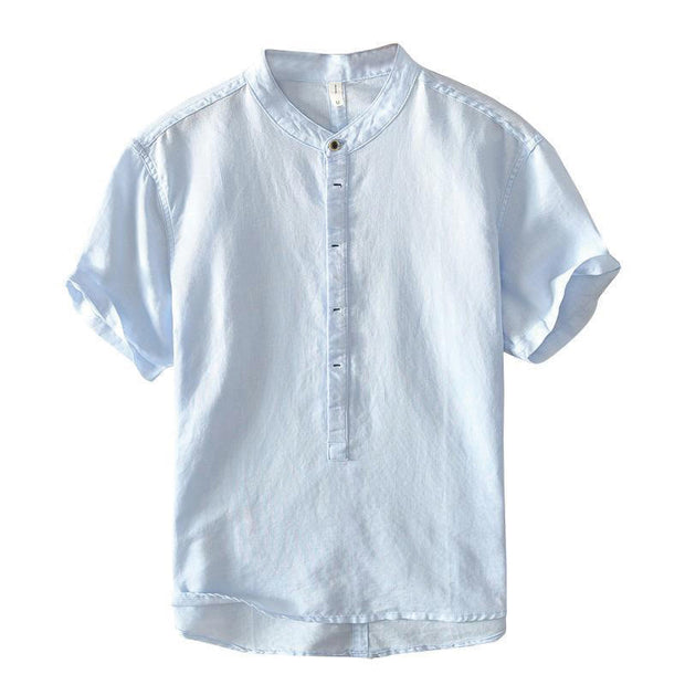 Buddha Stones Causal Simple Design Short Sleeve Cotton Linen Half Button Men's Shirt