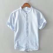 Buddha Stones Causal Simple Design Short Sleeve Cotton Linen Half Button Men's Shirt