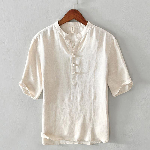 Buddha Stones Daily Solid Color Stand Collar Half Sleeve Linen Half Button Men's Shirt