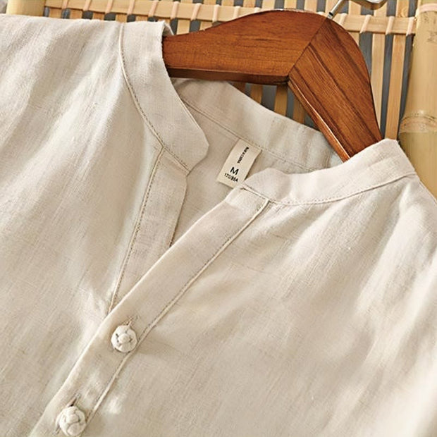 Buddha Stones Daily Solid Color Stand Collar Half Sleeve Linen Half Button Men's Shirt