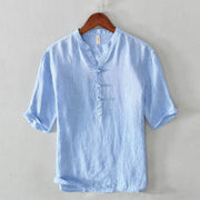 Buddha Stones Daily Solid Color Stand Collar Half Sleeve Linen Half Button Men's Shirt