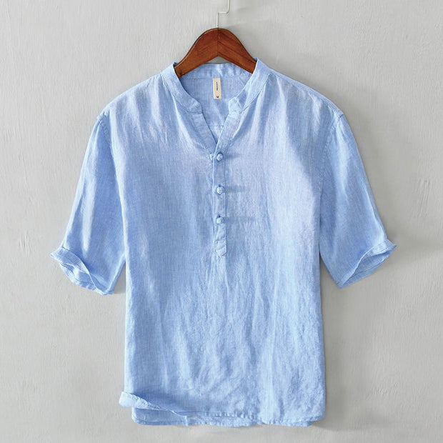 Buddha Stones Daily Solid Color Stand Collar Half Sleeve Linen Half Button Men's Shirt