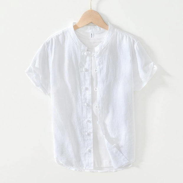 Buddha Stones Daily Frog-Button Stand Collar Short Sleeve Linen Men's Shirt