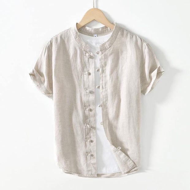 Buddha Stones Daily Frog-Button Stand Collar Short Sleeve Linen Men's Shirt