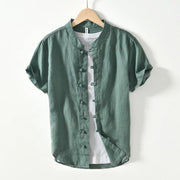 Buddha Stones Daily Frog-Button Stand Collar Short Sleeve Linen Men's Shirt