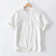 Buddha Stones Frog-button Mandarin Collar Embroidery Cotton Linen Short Sleeve Men's Shirt