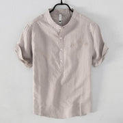 Buddha Stones Soft Embroidery Crane Pattern Stand Collar Cotton Linen Half Button Men's Shirt