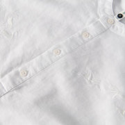 Buddha Stones Soft Embroidery Crane Pattern Stand Collar Cotton Linen Half Button Men's Shirt