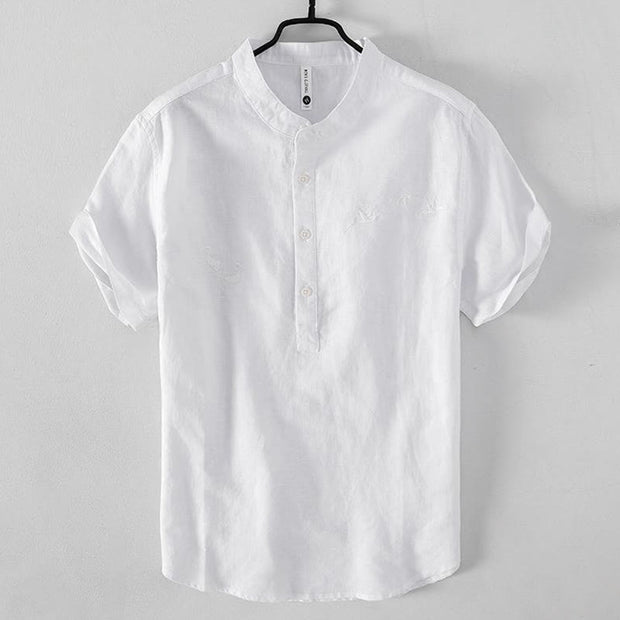 Buddha Stones Soft Embroidery Crane Pattern Stand Collar Cotton Linen Half Button Men's Shirt