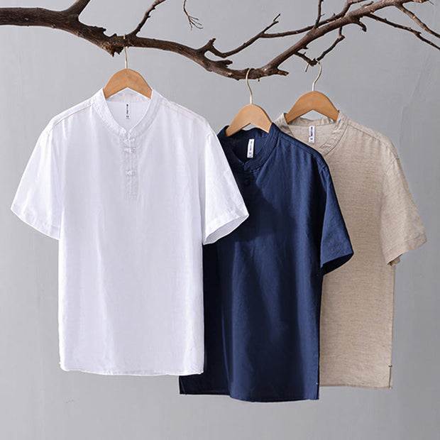 Buddha Stones Soft Plain Frog-button Crew Neck Cotton Linen Half Button Men's Shirt