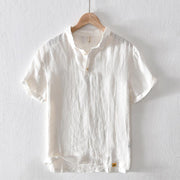 Buddha Stones Simple Design Short Sleeve Lapel Linen Half Button Men's Shirt