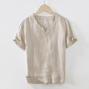 Buddha Stones Casual Plain V-neck Short Sleeve Linen Men's Shirt