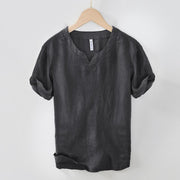 Buddha Stones Casual Plain V-neck Short Sleeve Linen Men's Shirt