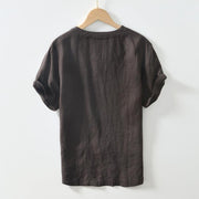 Buddha Stones Casual Plain V-neck Short Sleeve Linen Men's Shirt