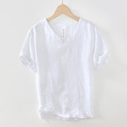 Buddha Stones Casual Plain V-neck Short Sleeve Linen Men's Shirt