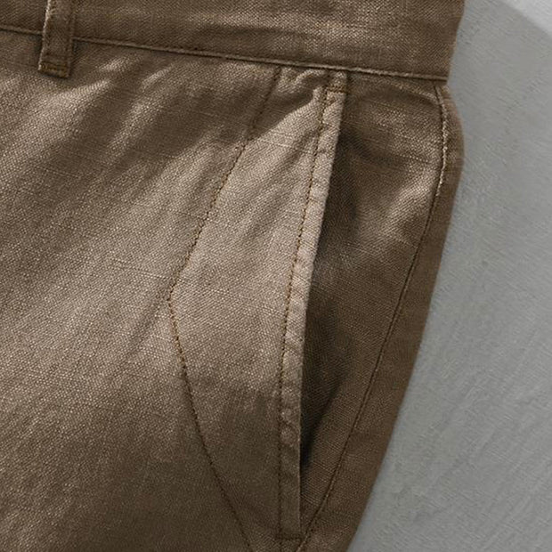 Buddha Stones Solid Color Drawstring Cropped Linen Men's Shorts With Pockets