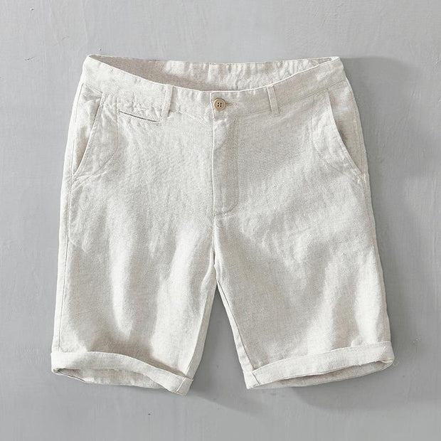 Buddha Stones Solid Color Drawstring Cropped Linen Men's Shorts With Pockets